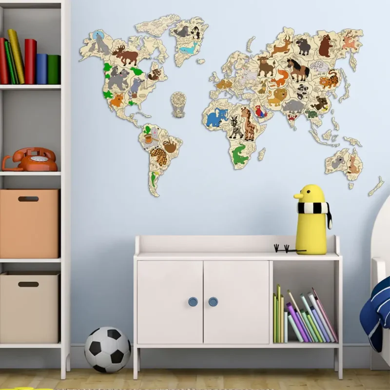 Puzzle 3D en Bois Carte du Monde Animaux L 6