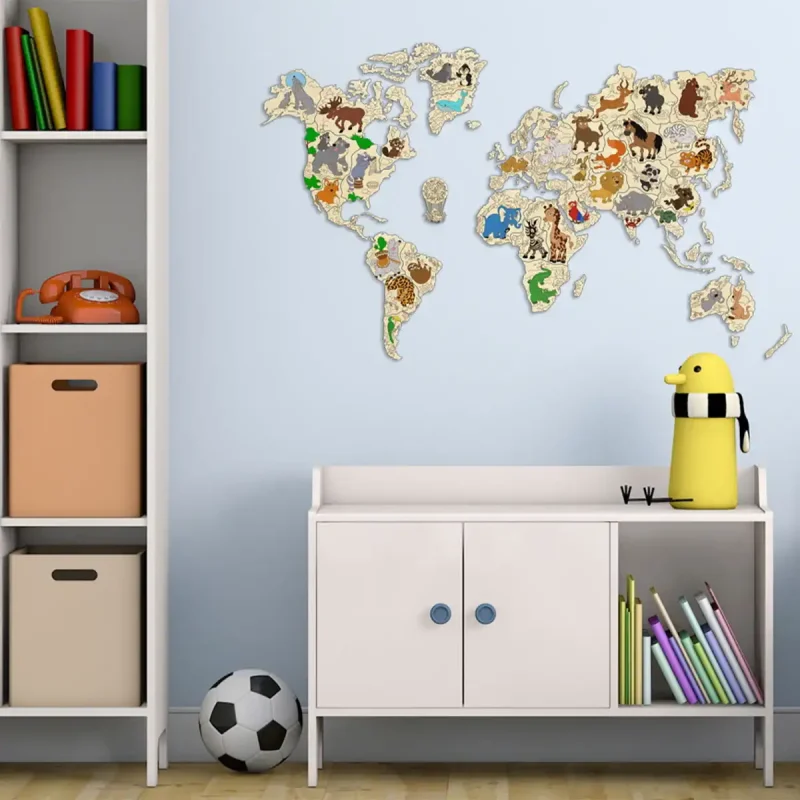 Wooden Map Puzzle 3D World World Map Animals M 6
