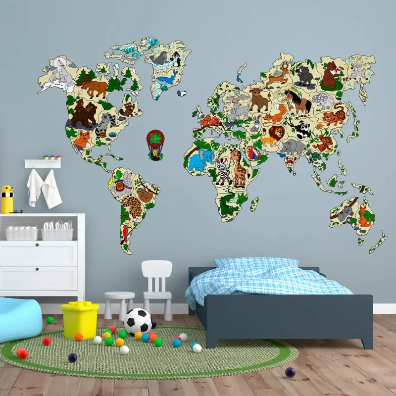 Wooden Map Puzzle 3D World World Map Animals XXL