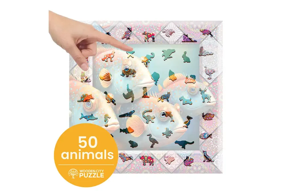 Drewniane puzzle w kształcie zwierząt 500 Tropikalna Ryba opis 3