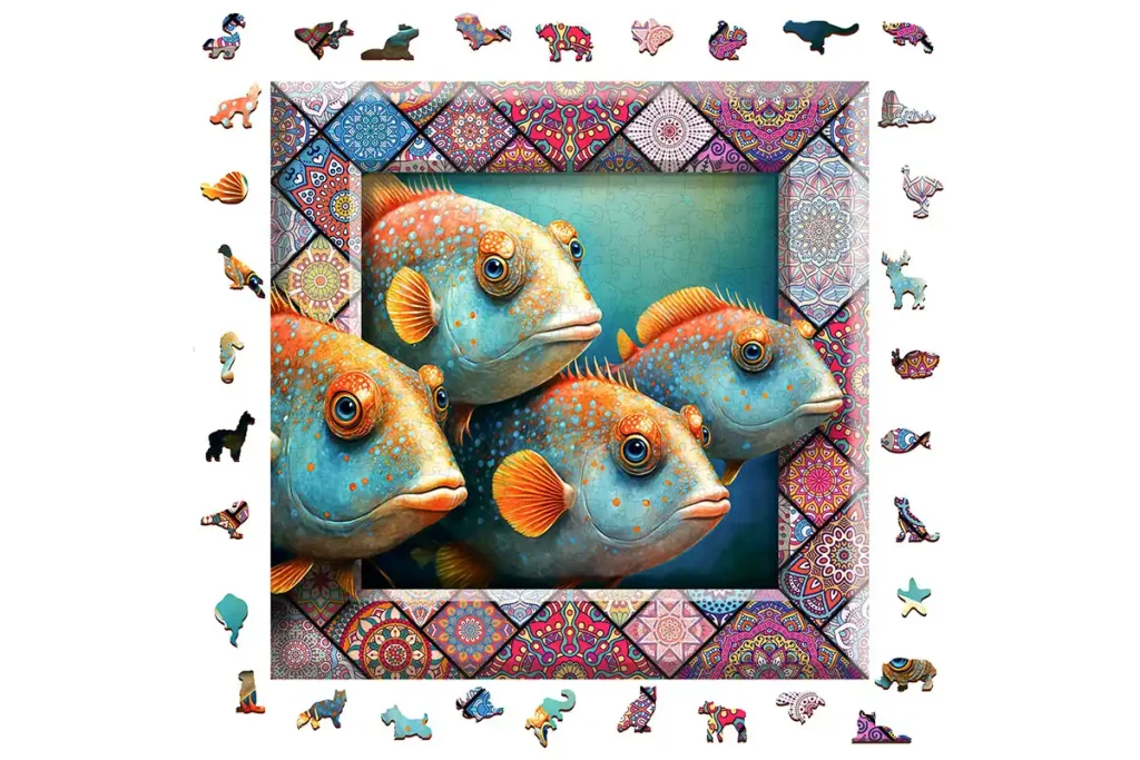 Drewniane puzzle w kształcie zwierząt 500 Tropikalna Ryba opis 1