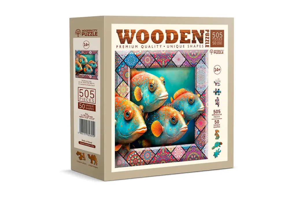 Drewniane puzzle w kształcie zwierząt 500 Tropikalna Ryba opis 2