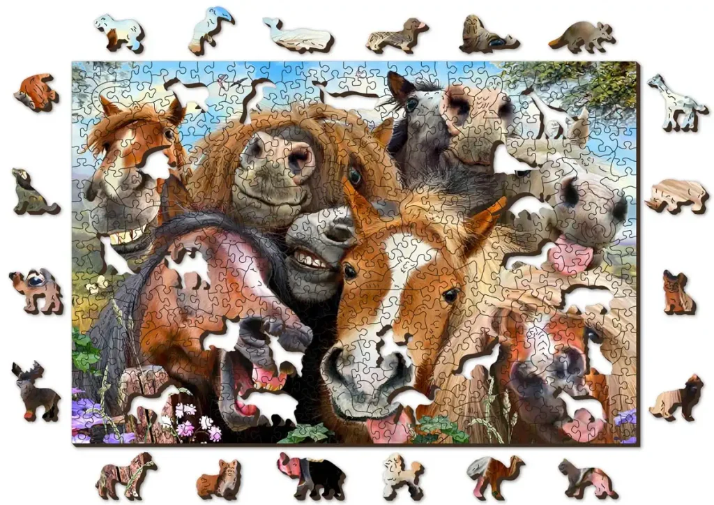 Drewniane Puzzle w kształcie zwierząt Usmiechniete Konie 500 opis 1