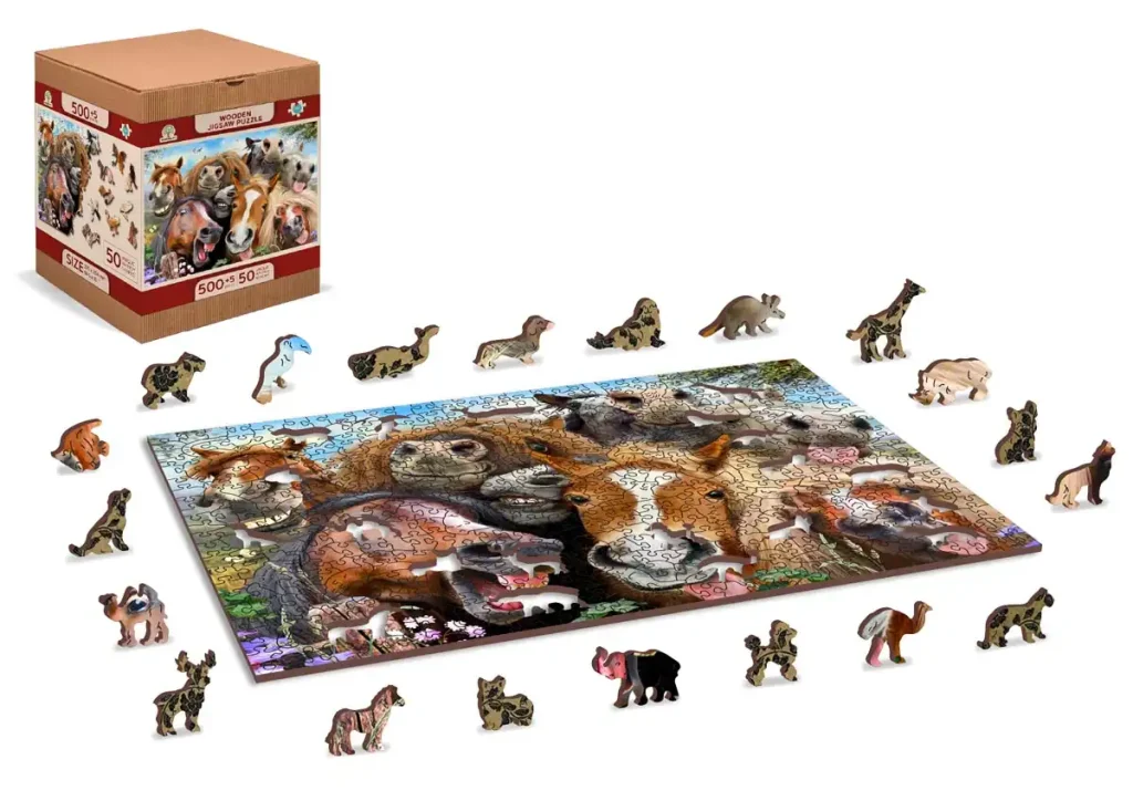 Drewniane Puzzle w kształcie zwierząt Usmiechniete Konie 500 opis 2