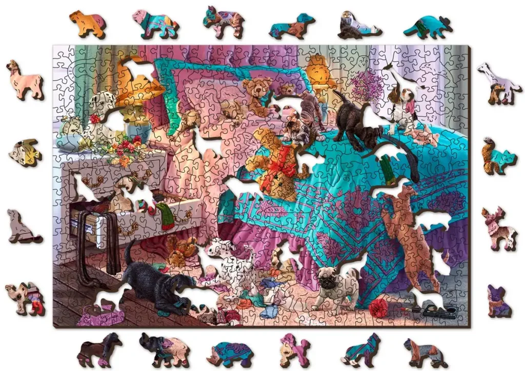 Drewniane puzzle w kształcie zwierząt 500 Naughty Puppies Opis 8