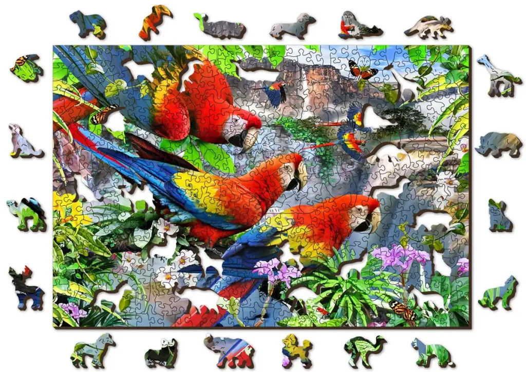 Drewniane Puzzle w kształcie zwierząt Wyspa Papug 500 opis 1