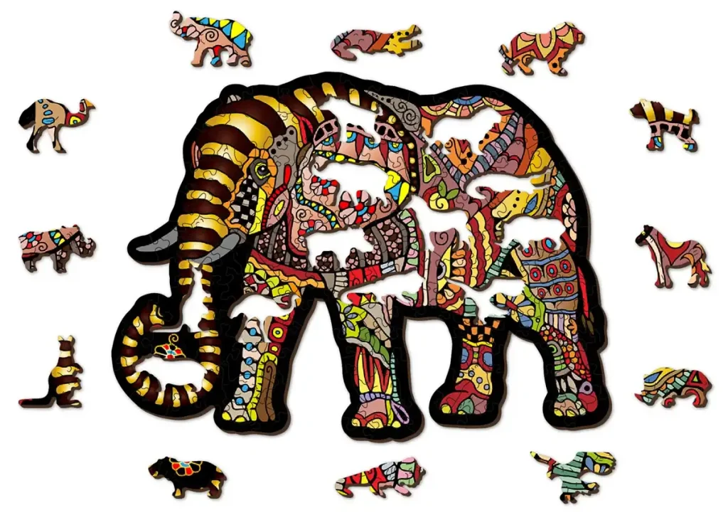 Drewniane puzzle w kształcie zwierząt 150 Magiczny Słoń Opis 7