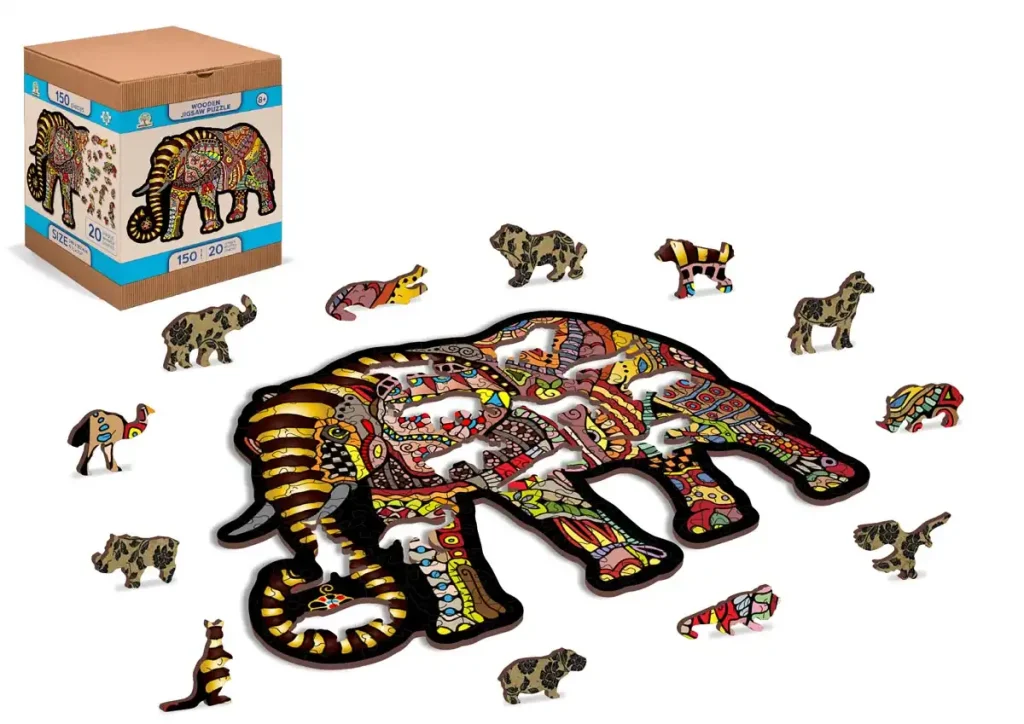 Drewniane puzzle w kształcie zwierząt 150 Magiczny Słoń Opis 5