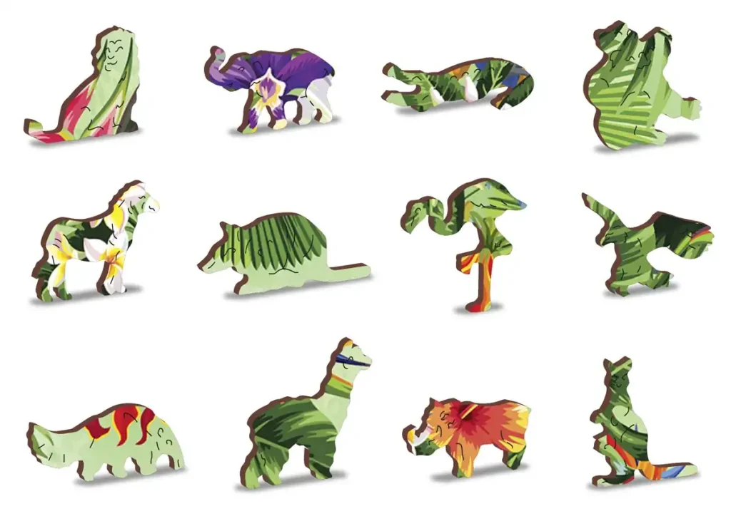Drewniane puzzle w kształcie zwierząt 160 Tropikalne Ptaki Opis 3