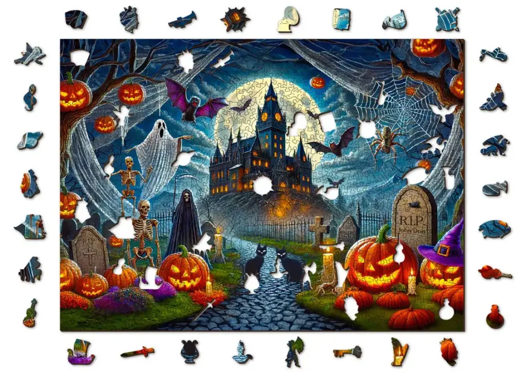 Wooden Puzzle 1000 Ghostly Pumpkin Night Opis 7