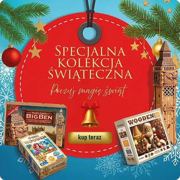 Baner Wesołych Świąt z drewnianym modelem 3D i drewnianymi puzzlami