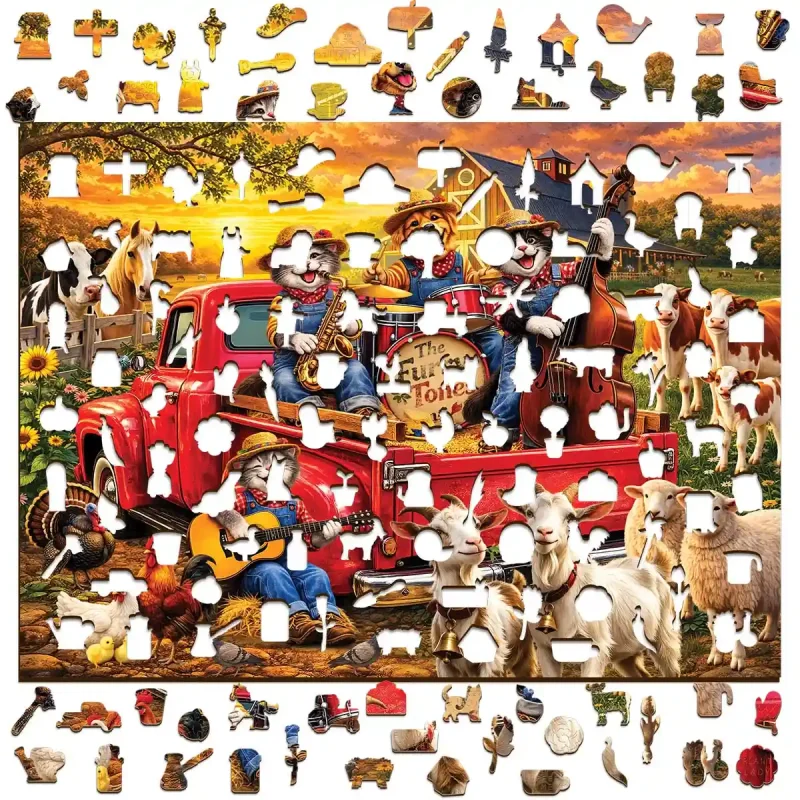 Wooden Puzzle 1000 Cat Band on the Farm 8
